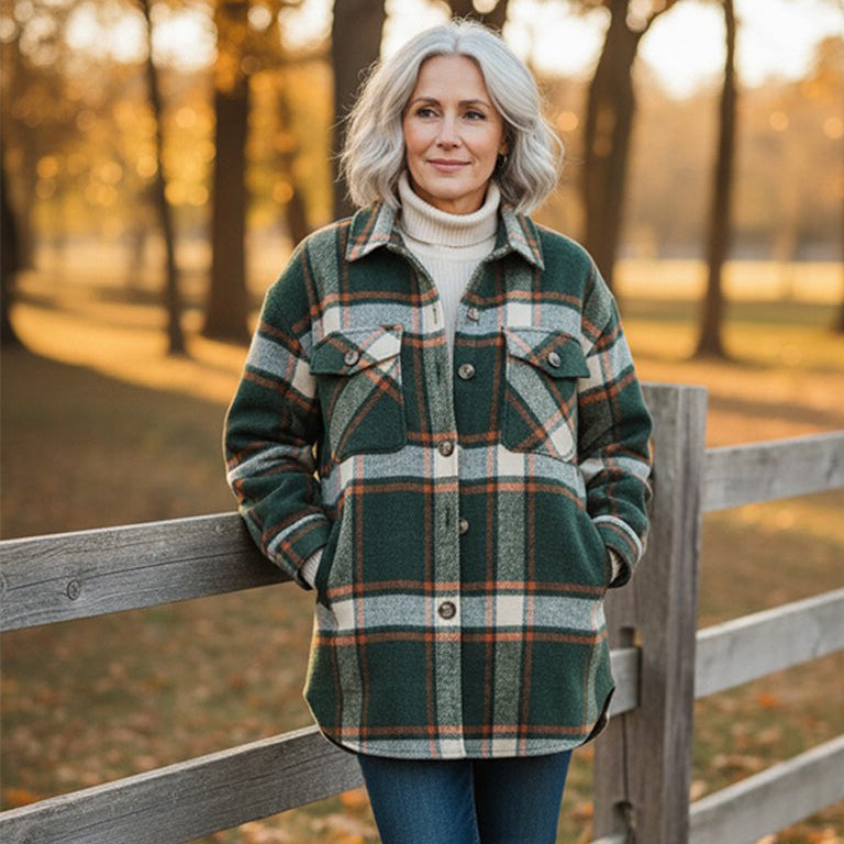 Women's Casual Flannel Shacket with Pockets - Oversized Shirt Jacket